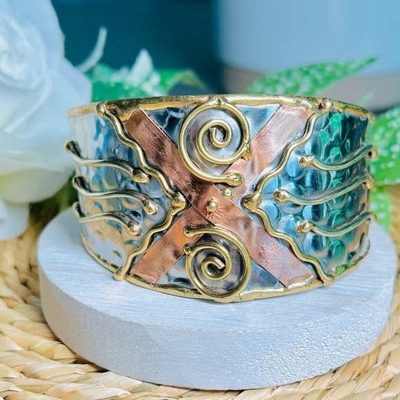 Geometric Mixed-Metal cuff Bracelet stainless steel with copper and brass accent - Picture 1 of 15